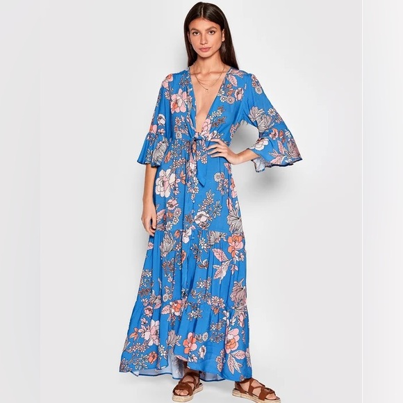 Maaji Dresses & Skirts - Maaji Floret Myla Kimono Blue Floral Cover Up Maxi Dress Size Small